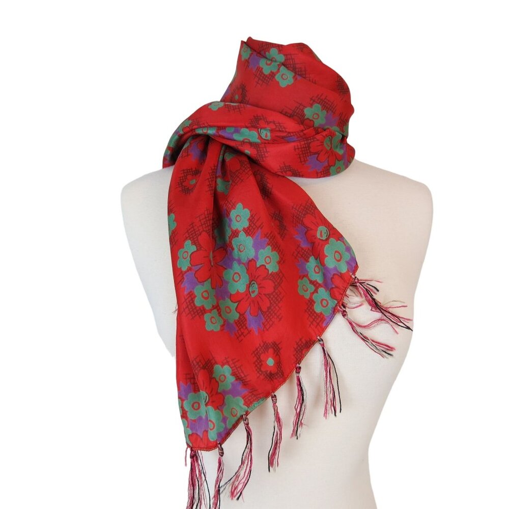 VINTAGE Red Green Purple Floral Tassel Scarf